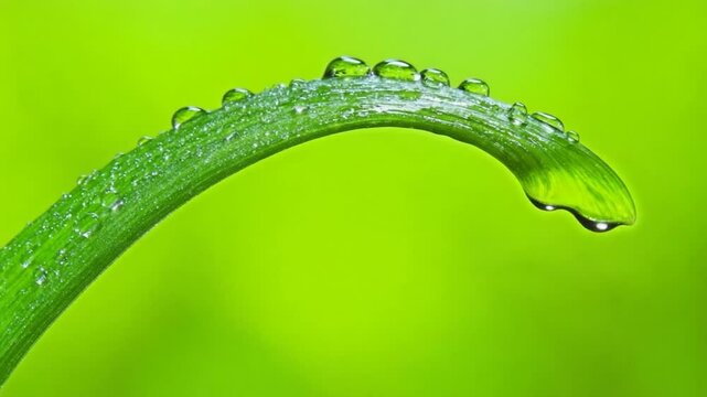Dewdrop-covered leaf curve against bright green