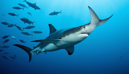 Fototapeta premium Shark swimming in clear blue ocean with school of fish nearby 