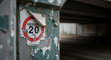 Worn Height Restriction Sign Attached to a Grungy Pillar Underneath a Structure