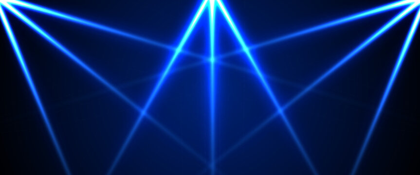 Laser light show. Bright led laser beams, dj light party. Illuminated blue stage, led strobe lights, smoke. Vector illustration