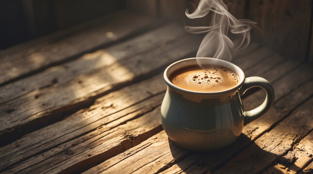 sunlight shining on brown coffee cup steam rustic wood table hot beverage cozy morning peaceful vibe aesthetic vibe wallpaper background