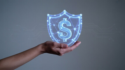 A hand gently cradles a translucent blue digital shield showcasing a glowing dollar sign intricate network connections subtly visible in the