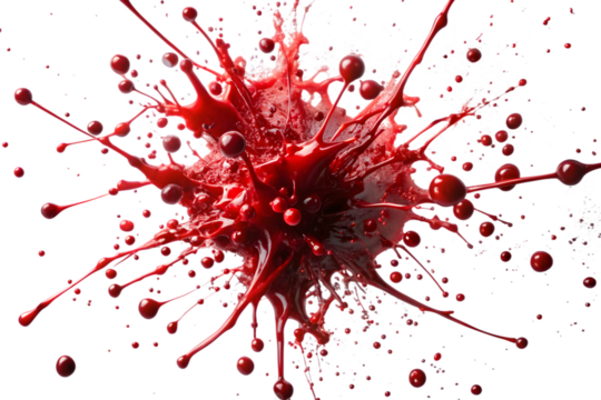 Dynamic Red Liquid Splash with Droplets and Splatter Effect on Transparent Background