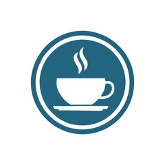 White coffee cup with steam on blue circle saucer hot drink