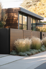 Modern house with wooden exterior and large windows. Surrounding landscaping features tall grasses and shrubs. Clear blue sky in the background.