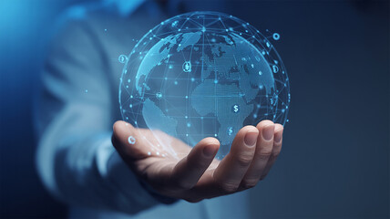 A persons hand gently cradles a glowing blue 3 D rendered digital globe interconnected with a network of lines and nodes displaying currency symbols a