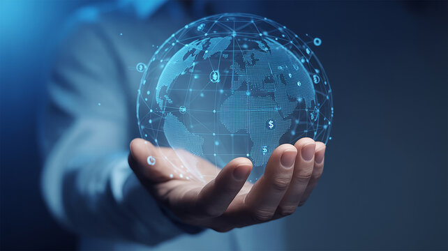 A persons hand gently cradles a glowing blue 3 D rendered digital globe interconnected with a network of lines and nodes displaying currency symbols a