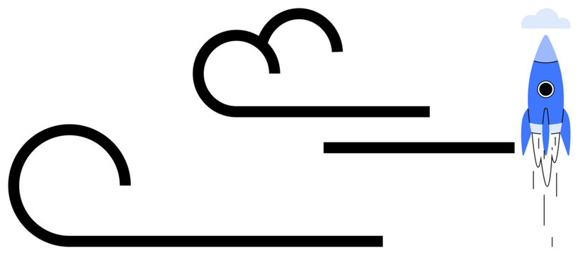 Rocket blasting off with stylized waves and cloud element, representing momentum and innovation. Ideal for themes thumbs up startup vision, creativity, goal setting, growth, success, technology