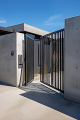 Modern entrance gate with sleek metal design and concrete walls. Clear blue sky in the background. Minimalist architecture style.