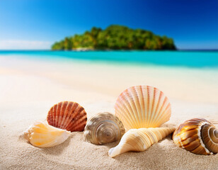 composition with beach water, sand, starfish and seashells. Summer vacations concept.