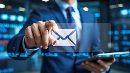 Businessman in blue suit interacts with digital email icon on transparent screen holding tablet blurred server room background