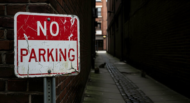 Worn No Parking Sign Beside A Dark Alleyway With A Cat Silhouette