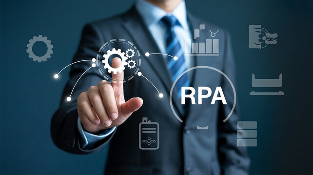 Businessperson in dark suit interacts with a holographic interface showing R P A automation process gears data charts and server icons a digital