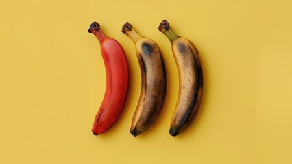 Red and two golden bananas. Food art still life, conceptual and creative design, unique fruit photography for promotion.