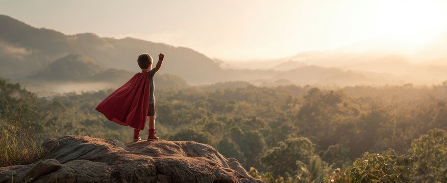 The child in a superhero cape exploring a breathtaking landscape at sunrise.