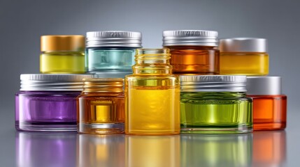 Colorful liquids in glass jars with silver lids