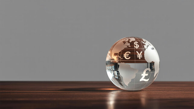 Translucent Glass Globe with Etched World Map and Currency Symbols Resting on Dark Brown Wooden Surface Against Gray Background - Powered by Adobe