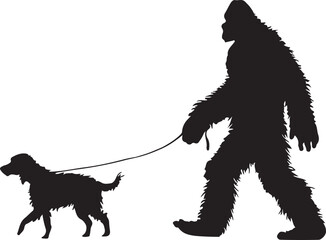 Bigfoot Walking a Dog on a Leash Silhouette Vector Illustration on Transparent Background