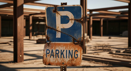 Weathered Parking Sign Depicting Urban Decay And Abandonment In A Deserted Lot