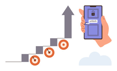 Hand holding smartphone unlocking a door, steps with target arrows and upward arrow. Ideal for business growth, achievement, success, technology, digital security, strategy, simple flat metaphor