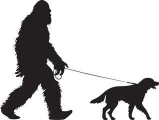 Bigfoot Walking a Dog on a Leash Silhouette Vector Illustration on Transparent Background