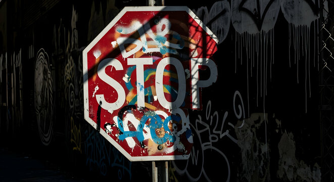 Urban Decay Stop Sign Covered with Graffiti in a City Environment
