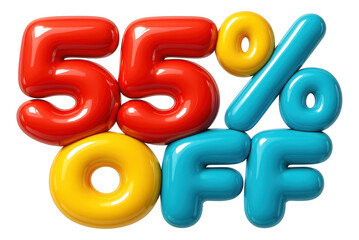 Glossy bubble letters with "55% OFF" promo in vibrant colors, eye-catching retail discount offer on transparent background.