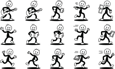 Vector art of collection of stick figures performing various activities