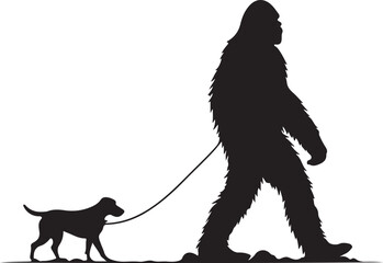 Bigfoot Walking a Dog on a Leash Silhouette Vector Illustration on Transparent Background
