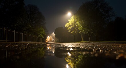 Naklejka premium Street Lamp Reflecting on Wet Pavement at Night