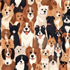 Vector seamless pattern with cute dogs, bones and paws. Cute dog breeds in different poses Dog patte