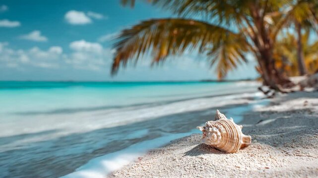 Relaxing beach scenery with seashell and palm trees by the ocean