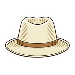 Stylish Panama hat illustration with a brown band, on a black background, showcasing a classic design in a vintage style.