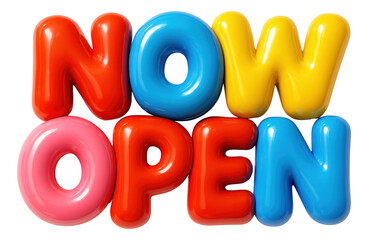 Glossy 3D block letters spelling NOW OPEN in bold, vibrant style, perfect for retail promo on transparent background.