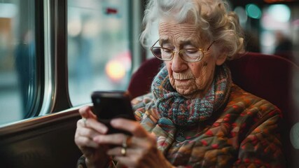 Senior Caucasian woman with gray hair using a smartphone on public transport. She appears focused on texting or reading messages. - Powered by Adobe
