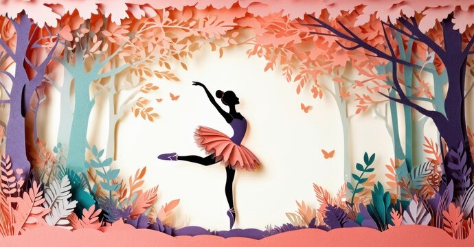 Silhouette ballerina dances within layered papercut forest. Warm tones dominate scene, creating whimsical, artistic impression. Butterflies float gently.