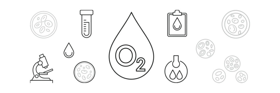 Transparent Design Blood Cells, Blood Drop, Microscope and O2 Icon Outlines