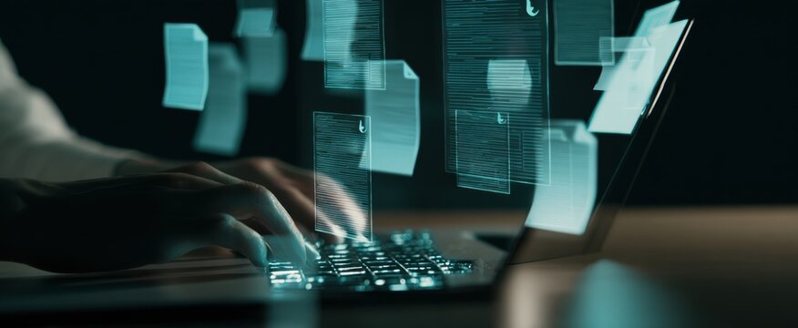 The laptop displaying floating digital documents and data transfers in a dark environment.