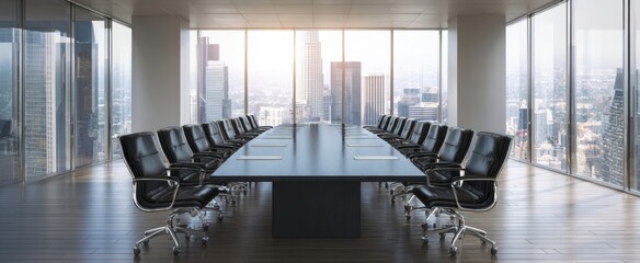 The modern boardroom with a breathtaking city view and sleek furniture.
