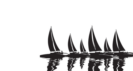 Vector art of silhouettes of sailboats racing on the water, isolated on white background