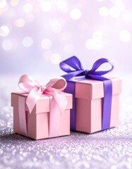 Obraz premium Pink and purple gift box on glitter background