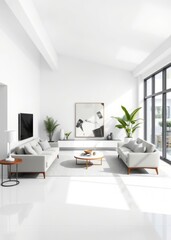 Fototapeta premium Bright interior design of living room with stylish furniture on white background home decor mock up interior Empty room interior design architecture blank design room