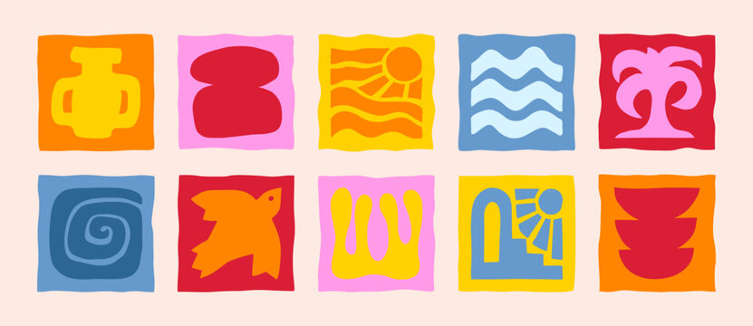 Boho Groovy Summer Plants Icons in Naive Style. Vector Abstract Square Tropical Illustrations Palm Tree, Sea Waves, Bird, Sun for Logo, Patterns, T-Shirt Print, Stickers, Social Media Post and Stories