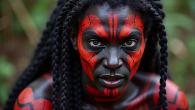 Black woman with tribal face paint posing in forest environment