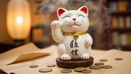 Lucky cat figurine with gold coins on wooden surface indoors  