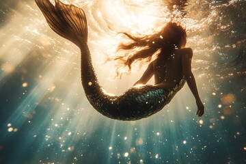 Silhouette Mermaid Swimming Sunlit Waters