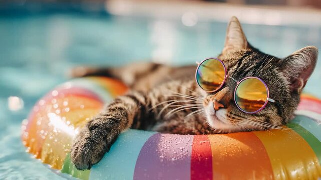 Cat relaxing in a colorful floatie by the poolside