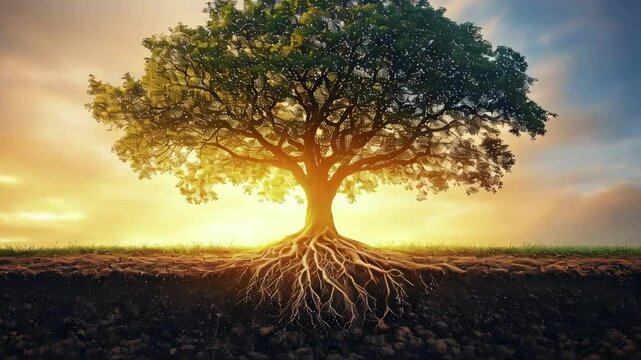 An illustration of an elderly tree with roots that reach deep underground, symbolizing environmental stability and legacy. Warm earthy tones evoke wisdom and continuity