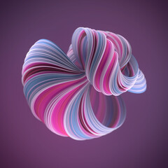 Digital illustration of an abstract figure composed of many smooth, swirling ribbons with a colorful texture. 3d render