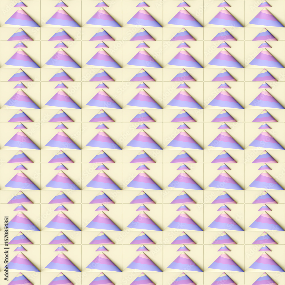 Aufkleber Illustration of striped cones on light beige squares. Contrasting shapes and colors create a rhythmic modern pattern. 3d rendering
